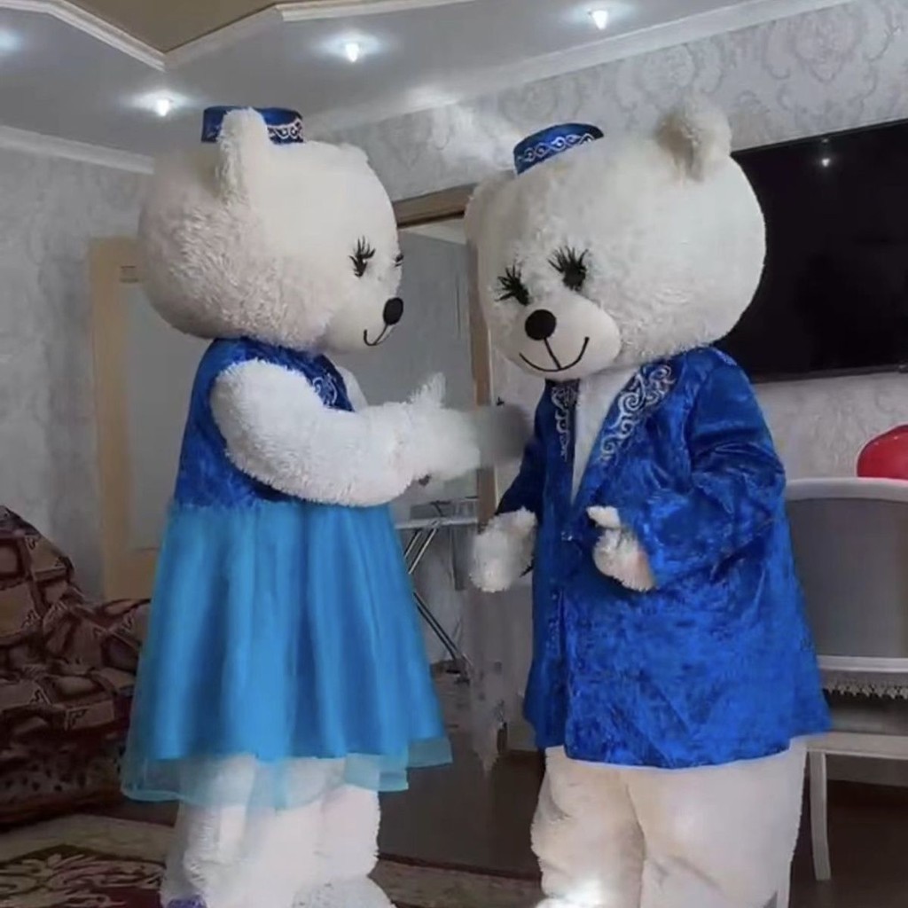 Foreign bear cartoon puppet suit walking full set of blue couple bear ...