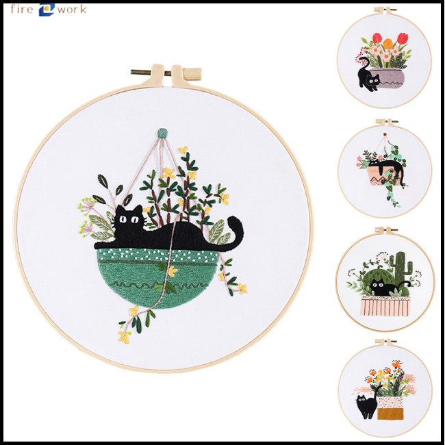 Special Offer!! Embroidery Starter Kit Cute Cat Design DIY Cross Stitch