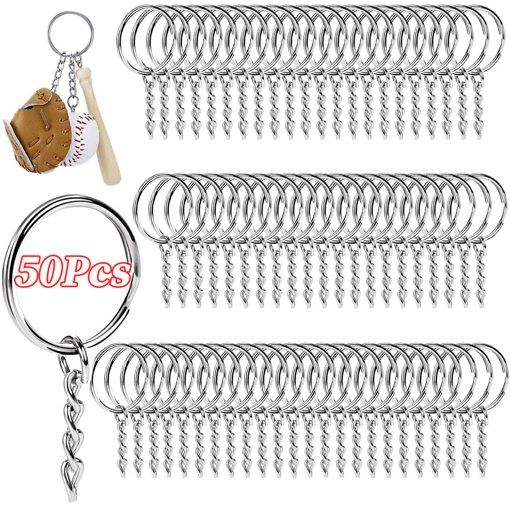50Pcs Metal Split Ring with Short Chain / Silver Blank Keyring Keychain ...