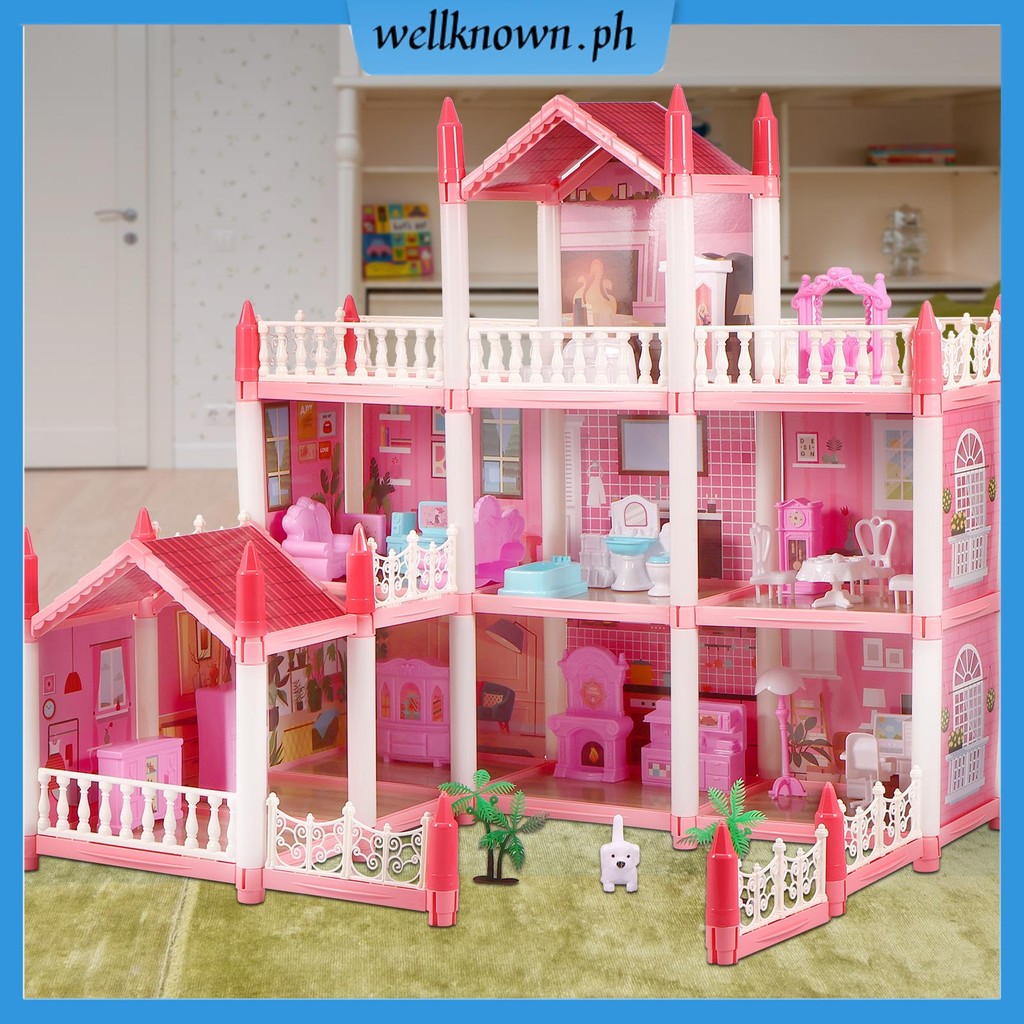 DIY Doll House 3-Story 9 Rooms Princess Dream Castle Pink DIY Princess ...