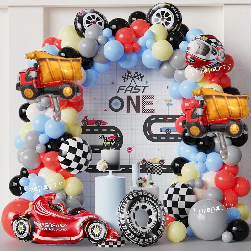 Racing Car Theme Balloon Garland Arch Sea Blue Black Boy's Two Fast ...