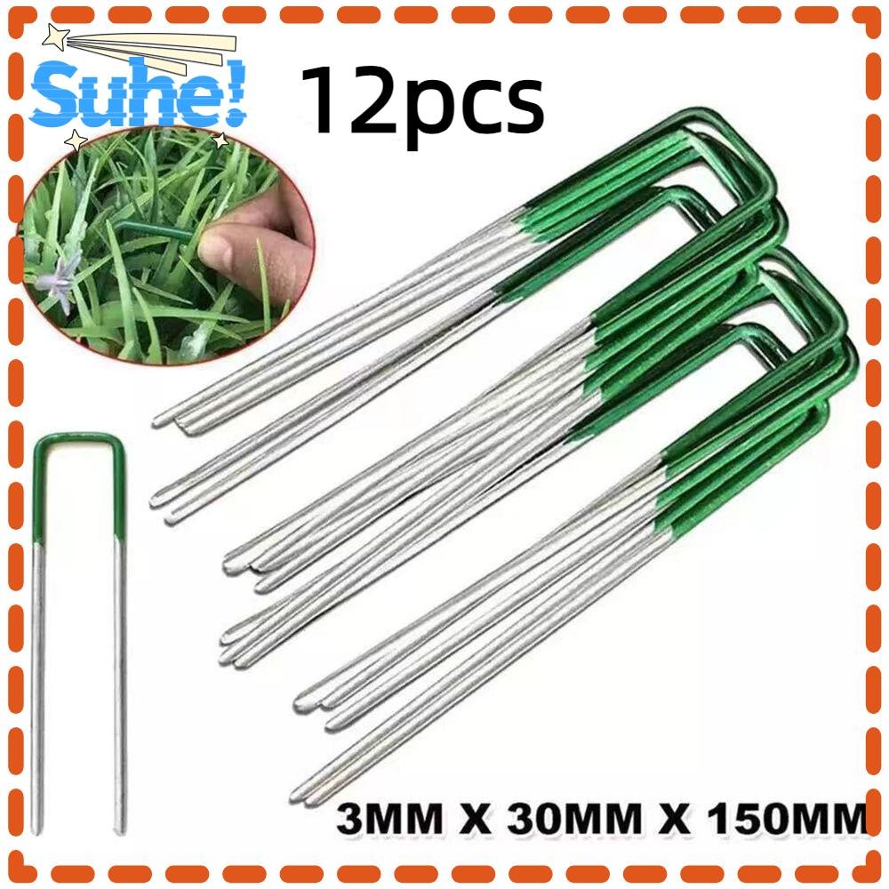 HISUHE 12PCS Ushaped Ground Nails, Garden Stakes Green Lawn Fixing