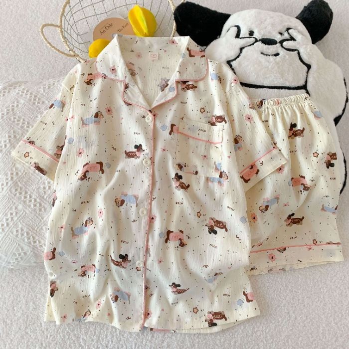 New Arrival Women Short Sleeve Cloud Cotton Pyjamas Set Female Loose  Comfortable Sleepwear Nightwear Pajamas Sleep Suit