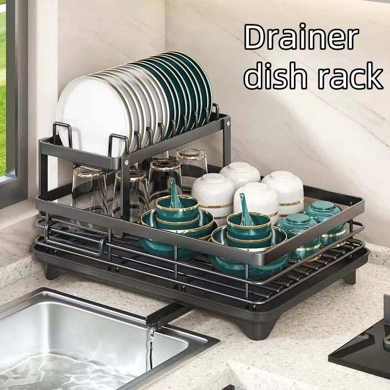 Drain Dish Rack with Extendable Drain Pipe Kitchen Storage Rack Plate ...