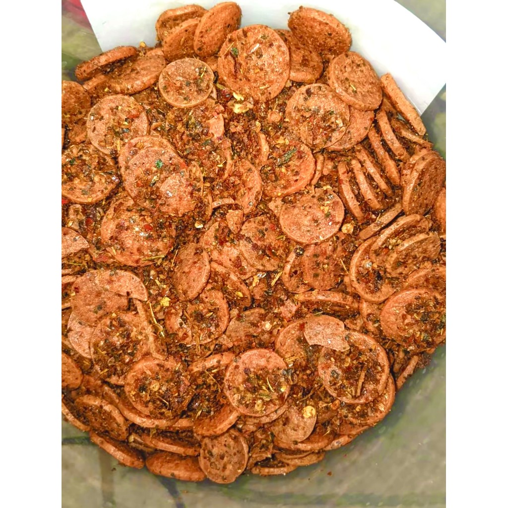 Snack Chips Fried Chicken Sausage Viral Spicy Spiced Orange Leaves