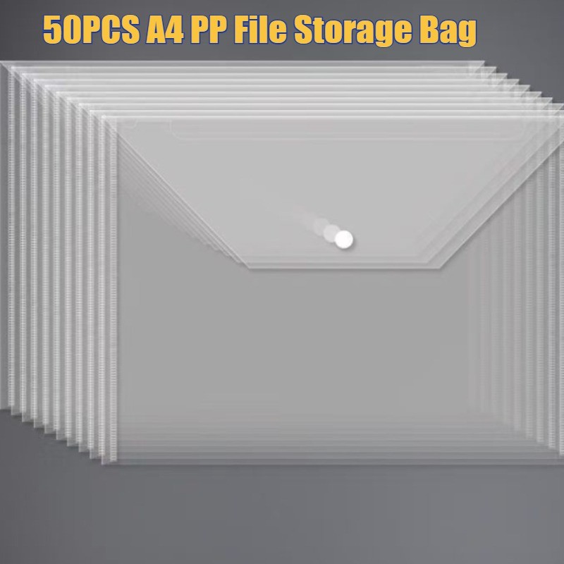 50PCS A4 PP File Storage Bag Waterproof Button Folder Transparent Clear ...