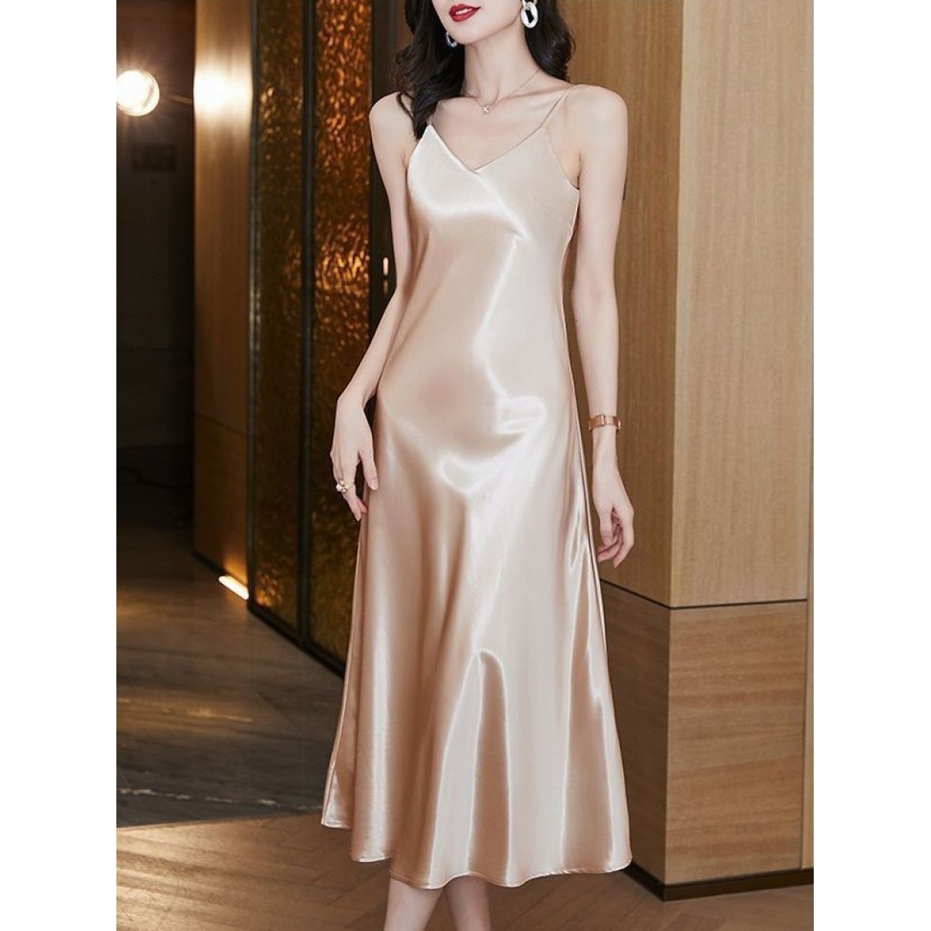 High-end Satin Sling Dress/Women's Inner Outer Wear Solid Color Sexy ...