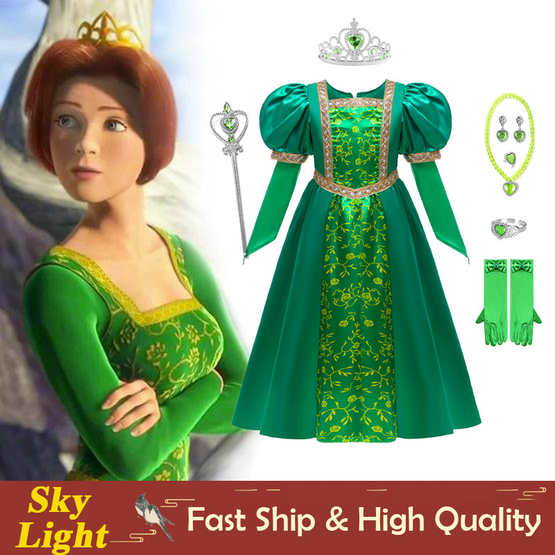 Women's Fiona Princess Cosplay Costume – Green Dress, Wig, And Crown Set, Perfect For Halloween & Theme Parties