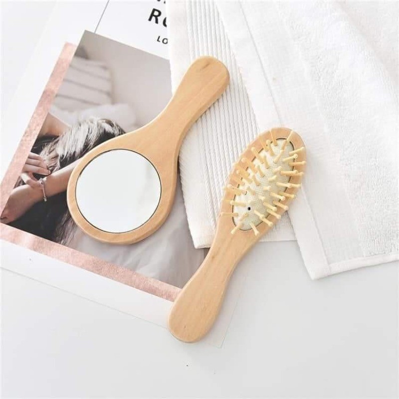 Mini portable bamboo comb mirror portable makeup mirror comb set solid ...