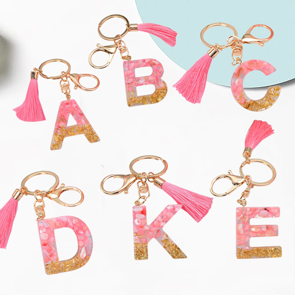 Pink Alphabet Initial Keychain Gold Foil Letters Key Ring Tassel Car ...