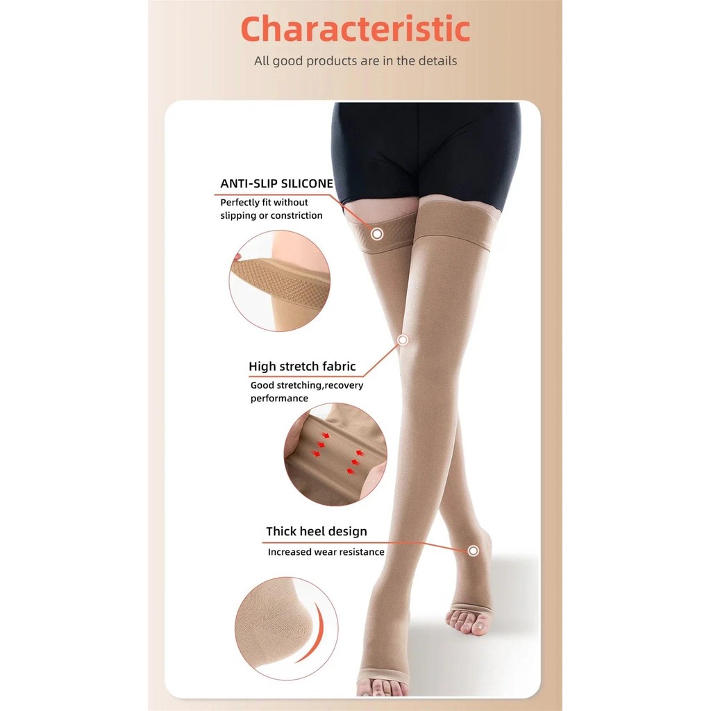 1Pair Thigh High Compression Socks, Firm Support 2030 MmHg Toeless
