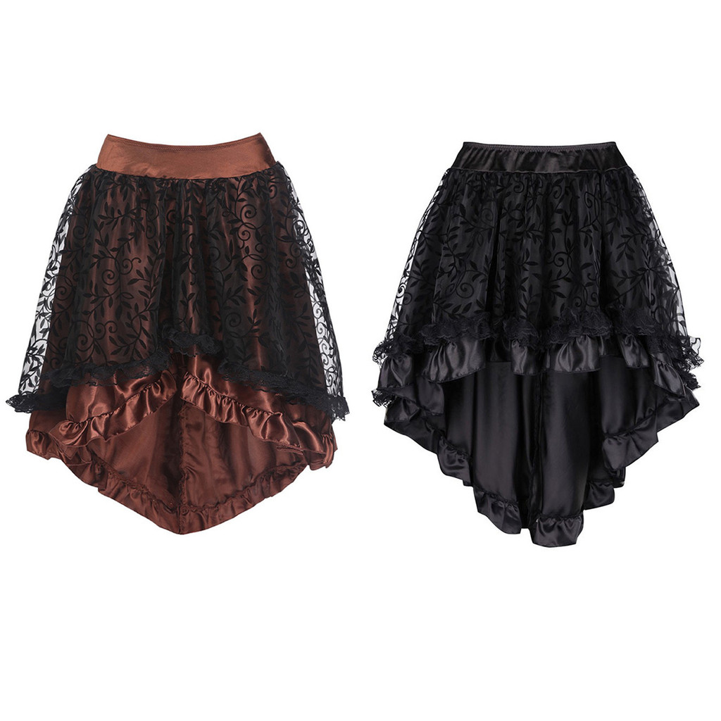 Sxiwei Womens Medieval Gothic Skirt Velvet Flocked Mesh Ruffled Trim ...