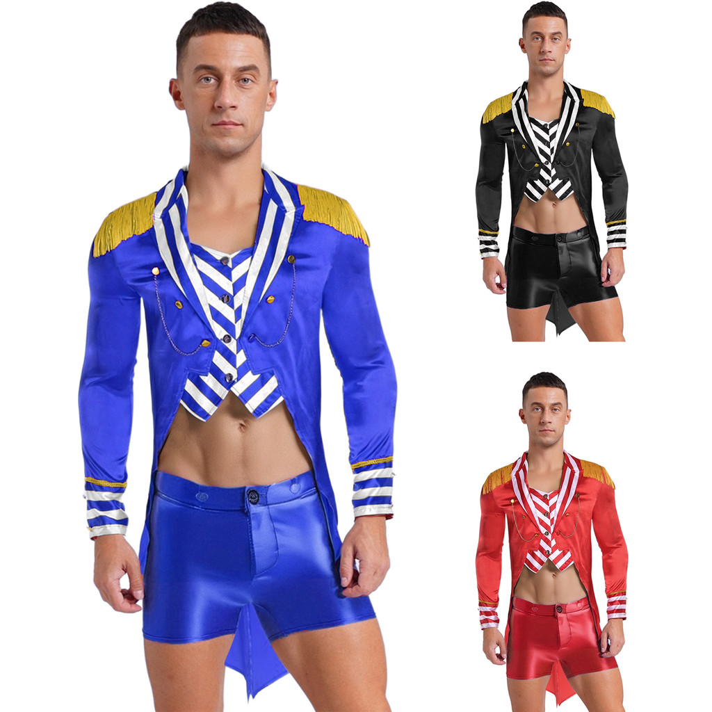 inhzoy Men Circus Ringmaster Costume Striped Lapel Collar Long Sleeves ...