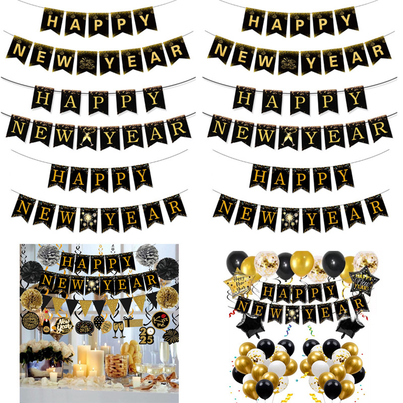 Black Banner with Gold Black Paper Flag Happy New Year Hanging Swirl ...