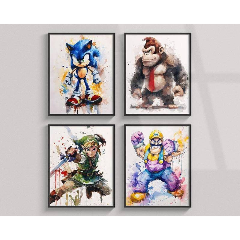Super Smash Bros Poster Sonic Link Wario Donkey Kong, Watercolor Prints ...