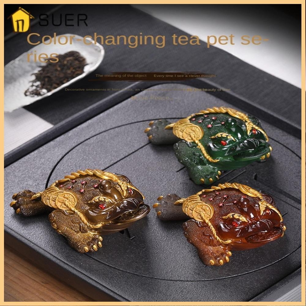 SUER1EN Golden Toad Tea Pet, Green Resin Color Changing Tea Pet ...