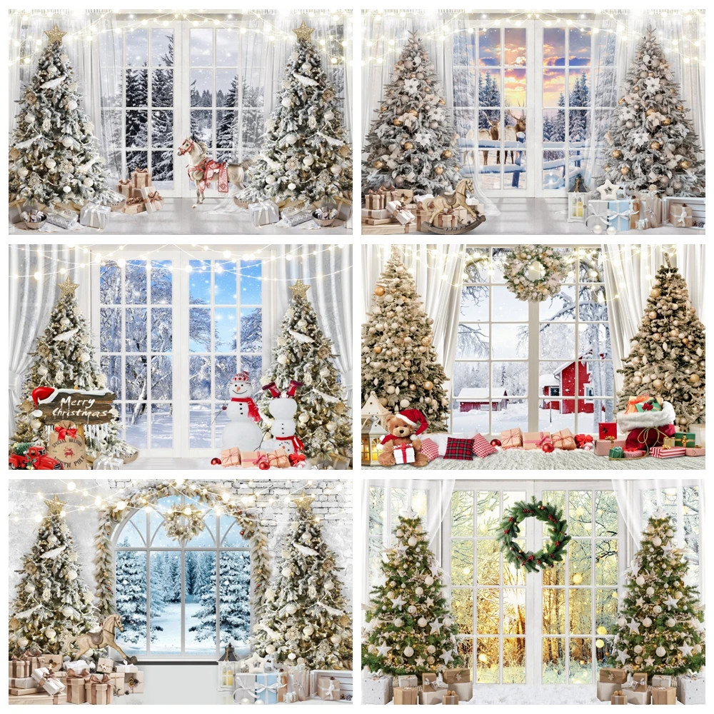 Polyester Winter Christmas Photography Backdrop White Wood Window Snow ...