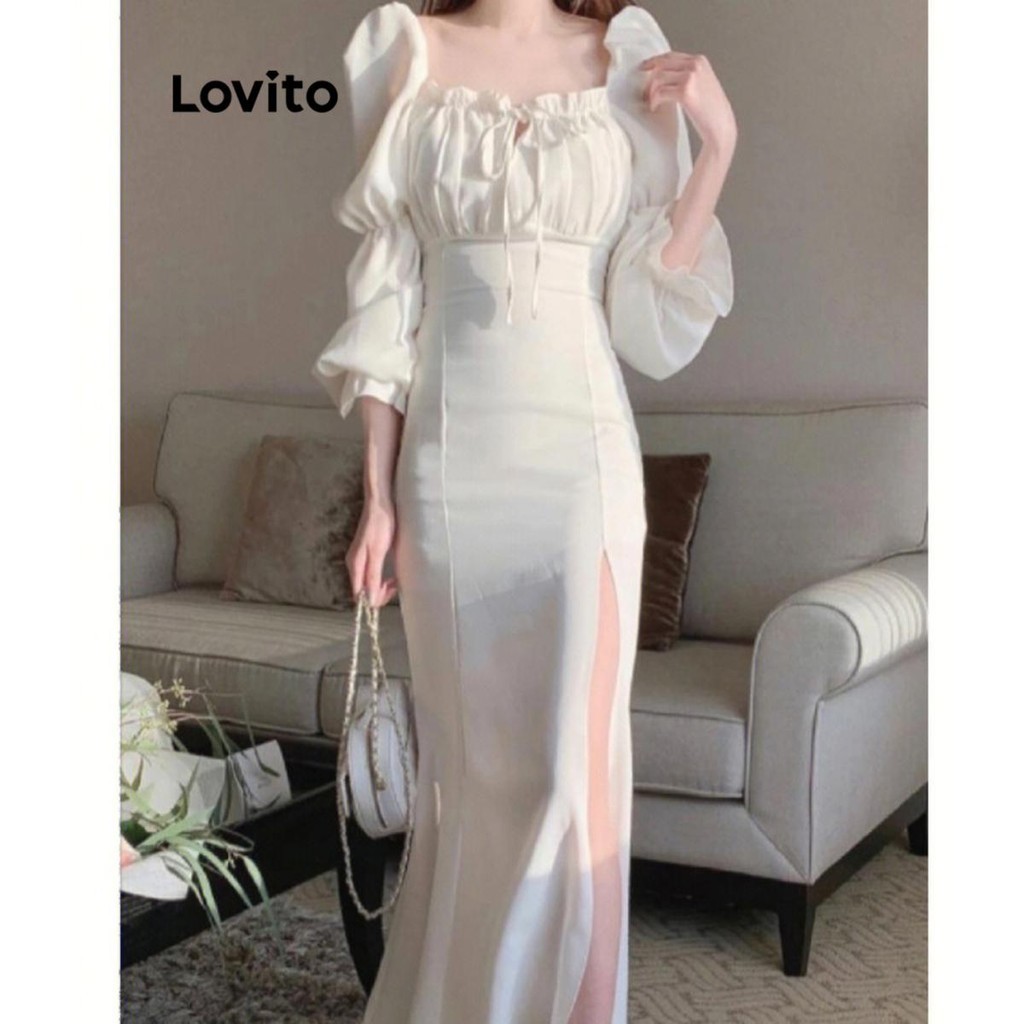 Lovito Women Elegant Plain Lace Up Ruffle Split Front Dress LNL40081