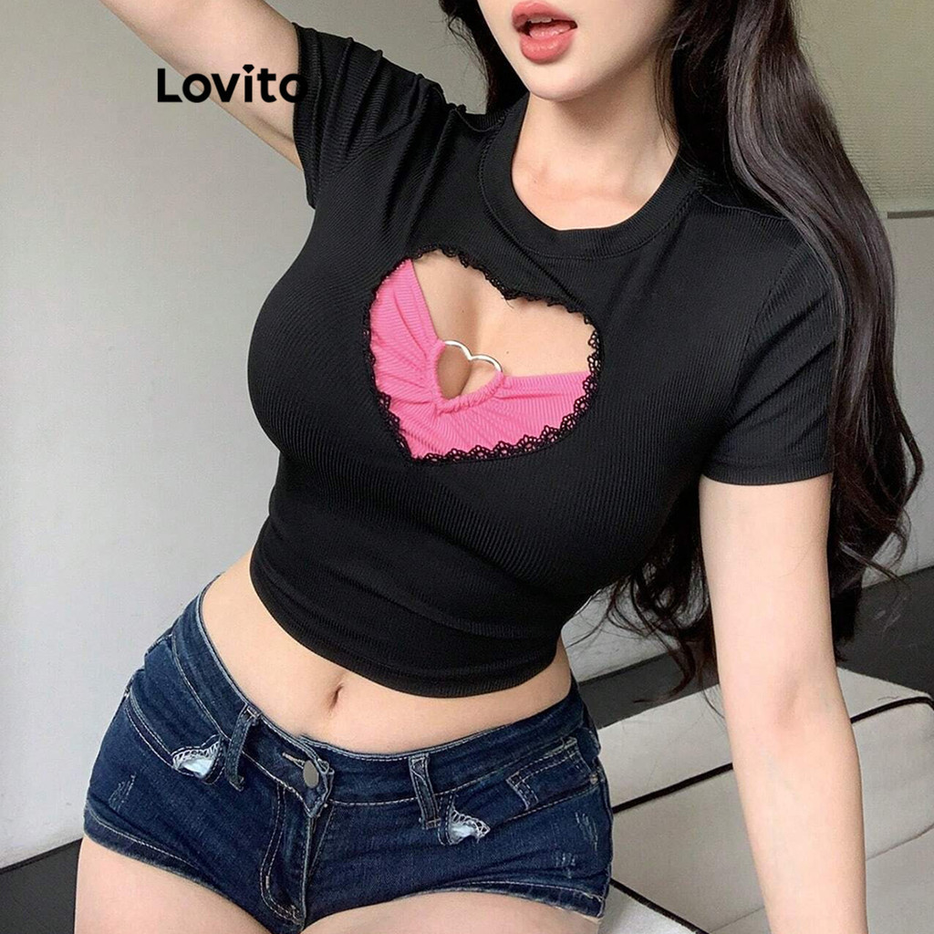Lovito Women Casual Plain Cut Out Fabric Stitching TShirt L95ED863