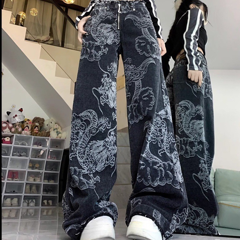 ZH【 Ready Stock】Women Black Gothic Dragon Print Jeans Baggy Vintage ...