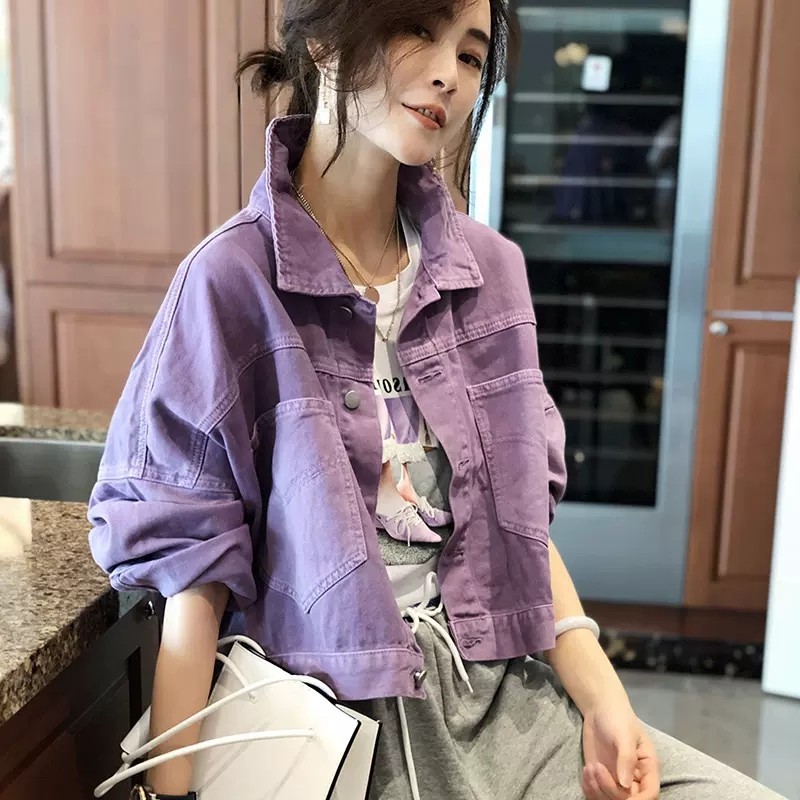 Purple Denim Coat Female Short Korean Version Spring Autumn