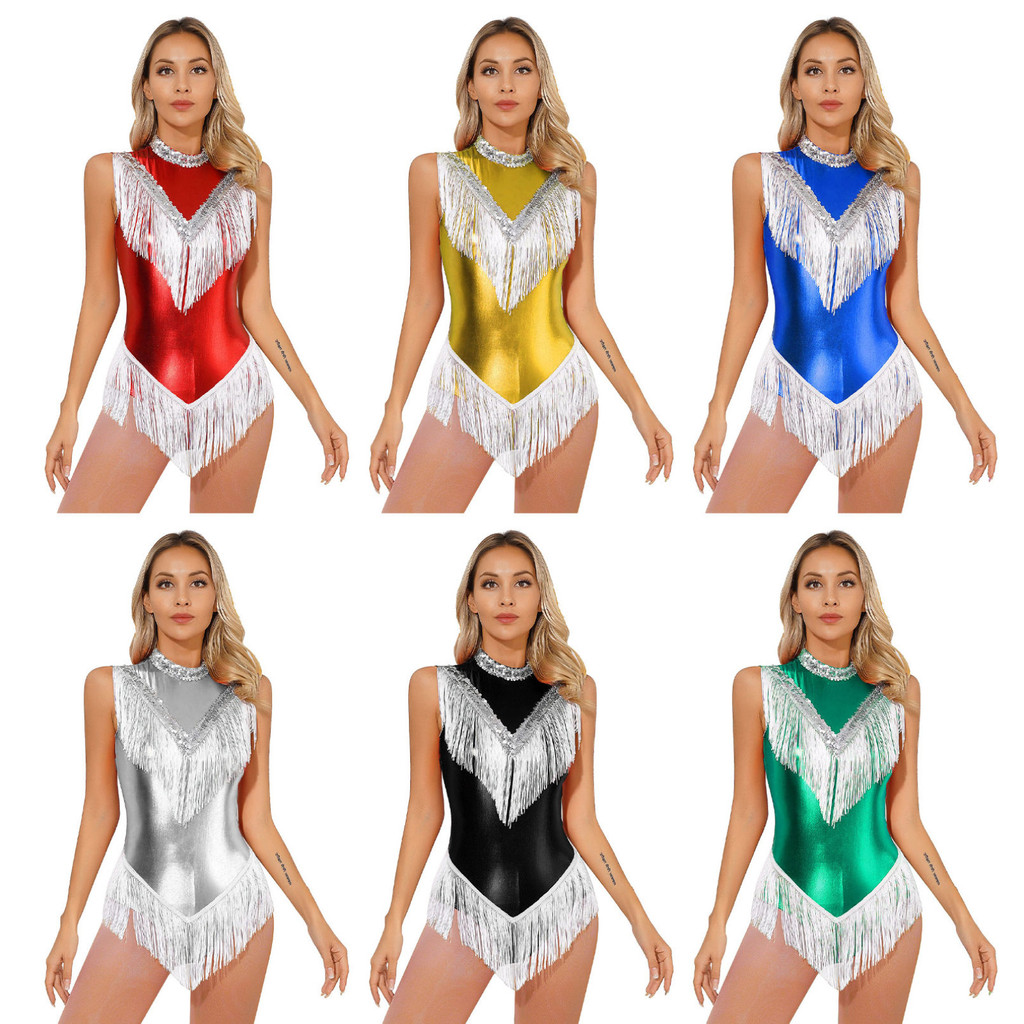 Womens Sequins Latin Jazz Dance Tassel Leotard Halter Fringed Bodysuit Tango Performance Costume – Buy The Best Products In The Online Store - Foto 6