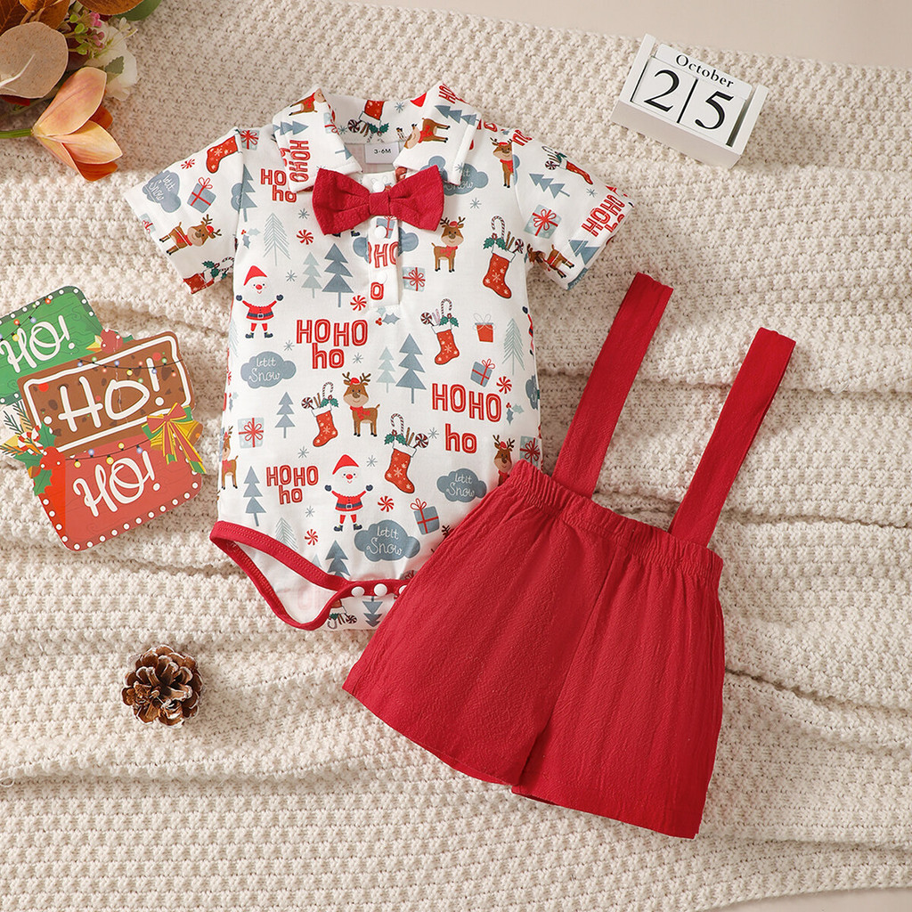 Newborn Baby Cute Boy Christmas Outfits 2pcs 0-18 Months Infant Baby Boy  Christmas Costumes Short Sleeve Christmas Print Bodysuit With Overall  Shorts