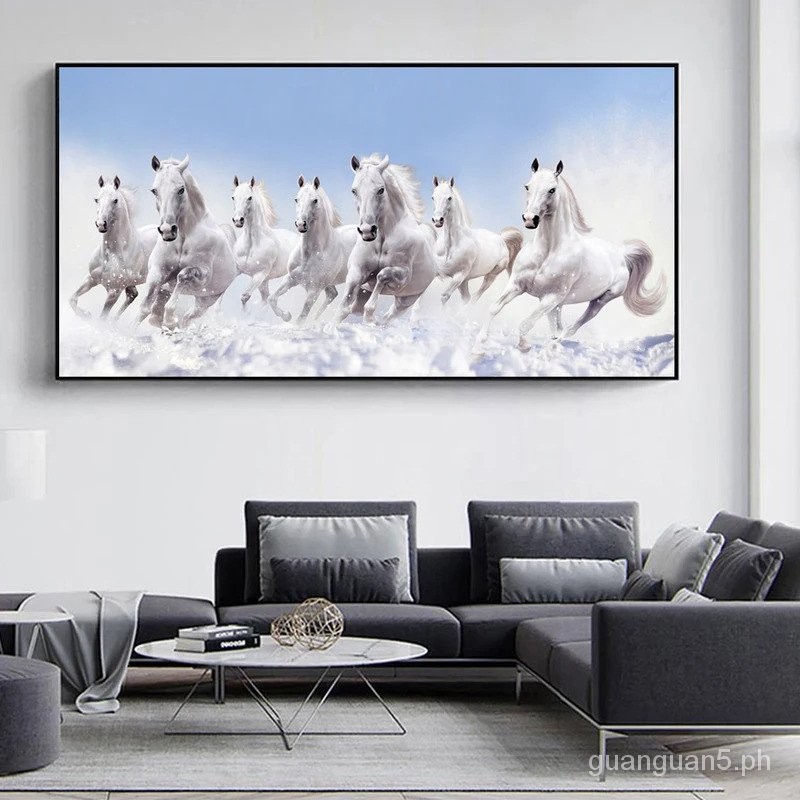 7 White Running Horses Canvas Painting Animal Posters and Prints Wall ...