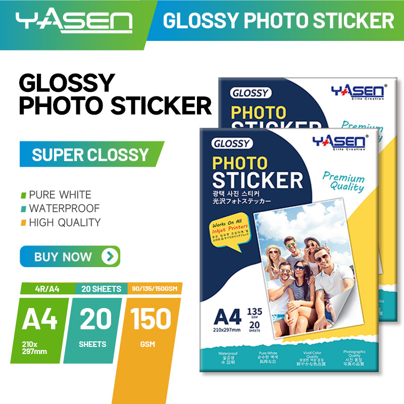 Yasen Glossy Photo Sticker Paper A4 Size - 90gsm & 135gsm Self-Adhesive
