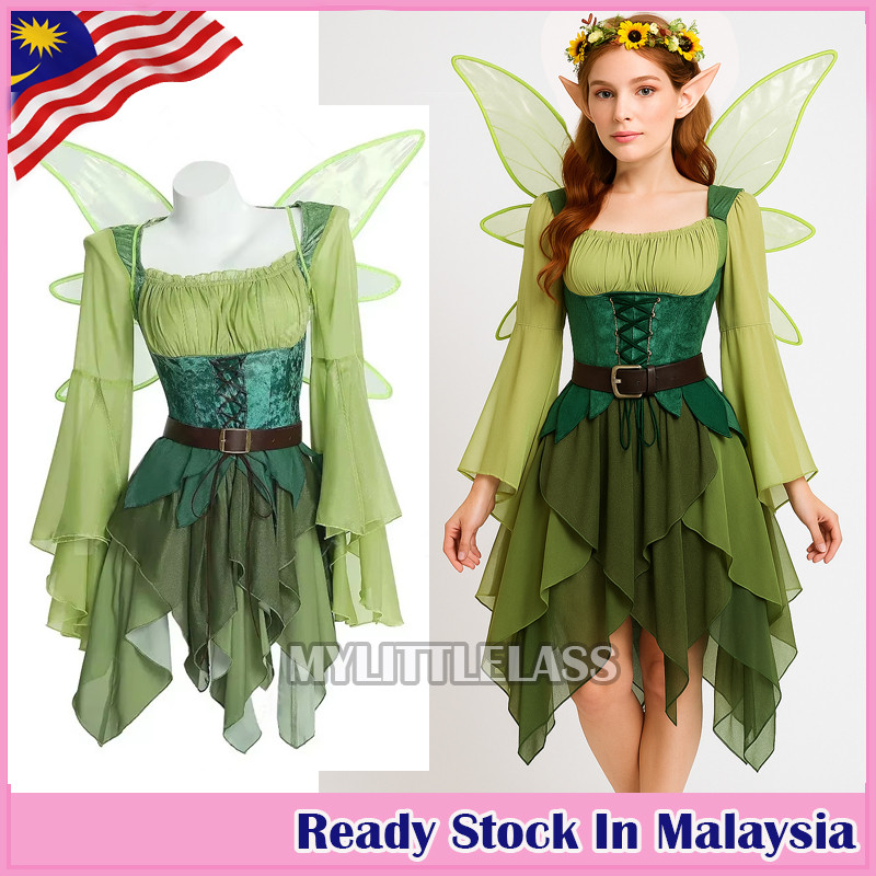 MYLITTLELASS Adult Women Fairy Elf Costume with Green Dress, Wings, Floral  Crown Enchanted Woodland Outfit Cosplay Costume | Shopee Philippines