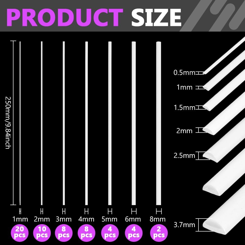BENECREAT 56Pcs 7 Styles ABS Styrene Plastic Half Round Bar Rods, Solid ...