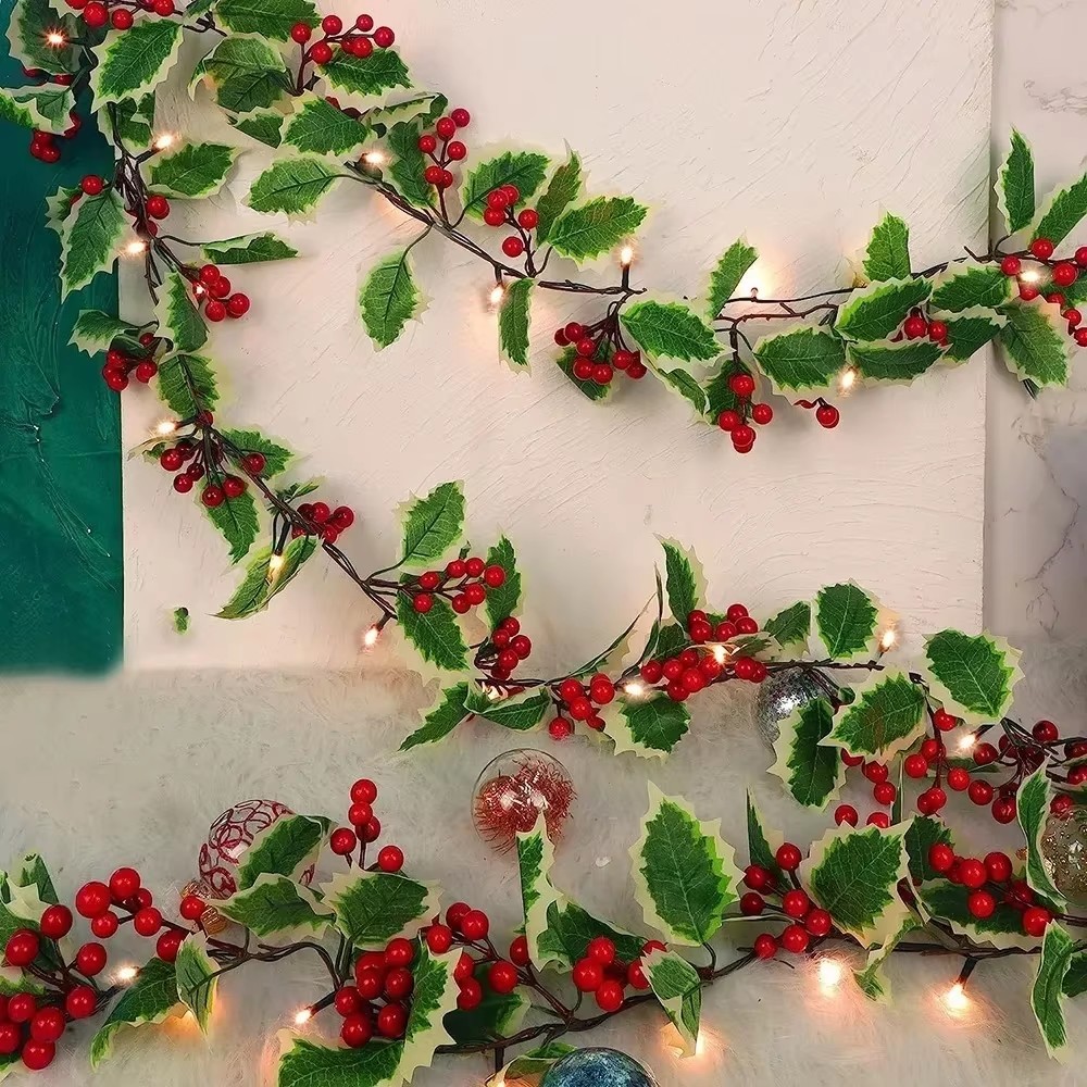 2 Pack Christmas Garland Artificial Christmas Flowers Decorations with Leaves Chain and Red Berries main image 1