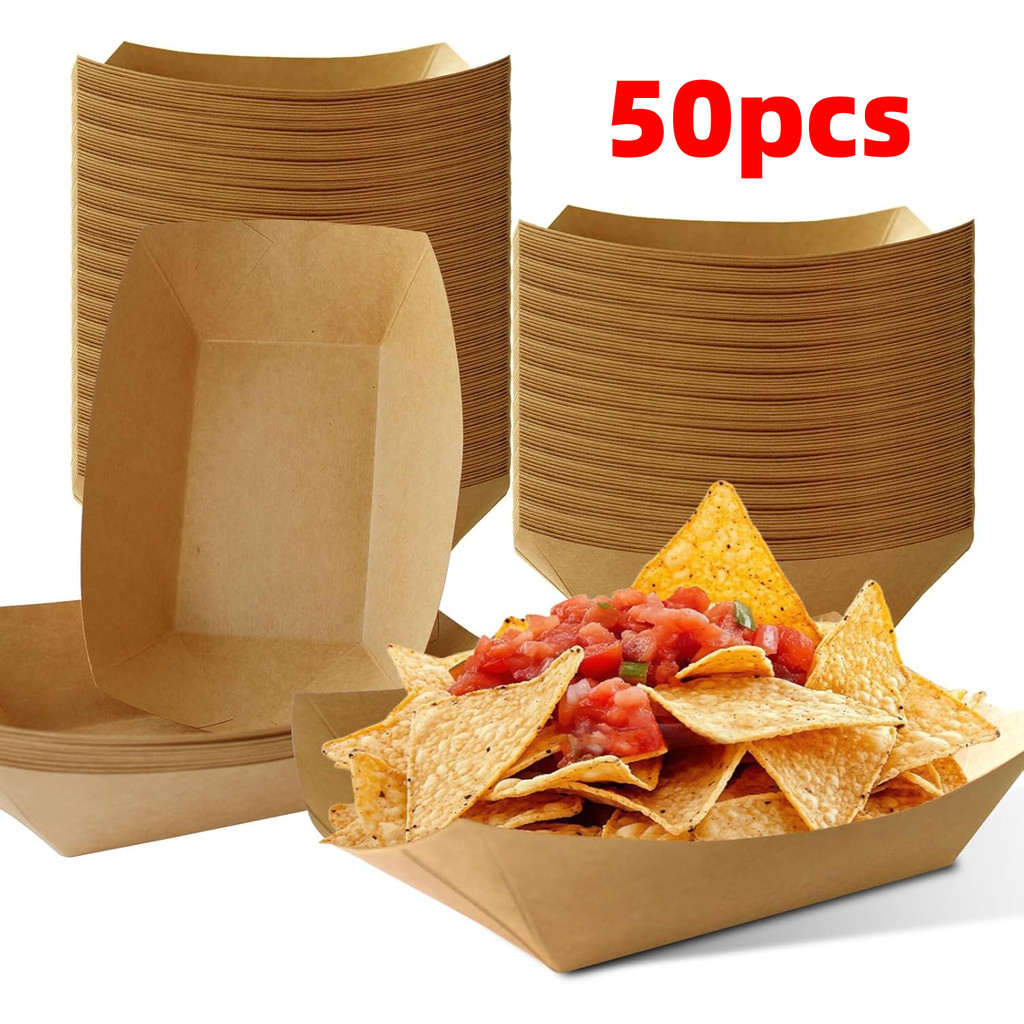 50PCS Kraft Paper Boat Tray -Oil Proof Disposable Food Container For ...
