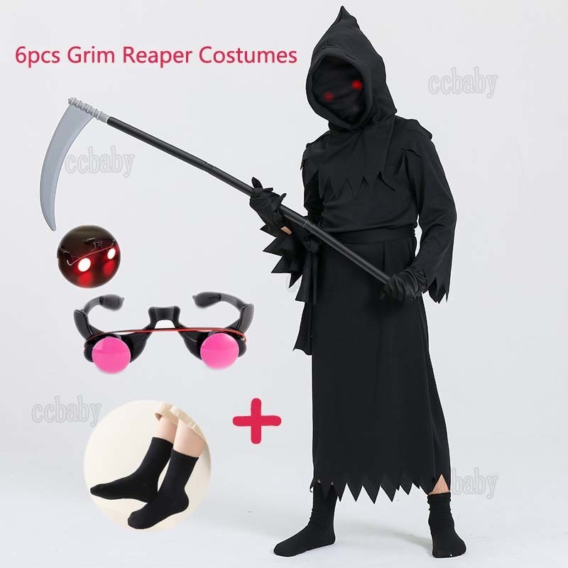 6pcs Set Grim Reaper Costume for Kids Boy Girl 4-12year Halloween ...