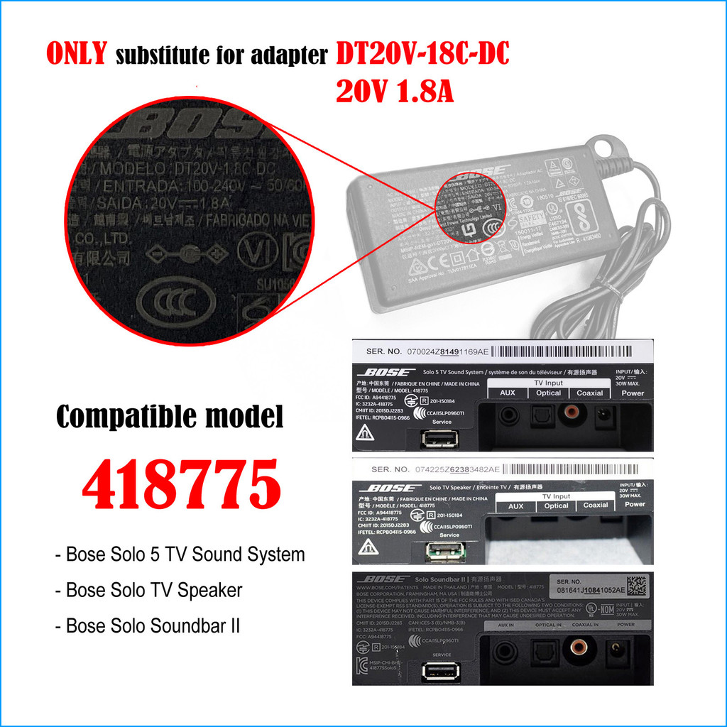 20V 2A 1.8A AC/DC Adapter Charger DT20V-1.8C-DC for Bose Solo 5 TV