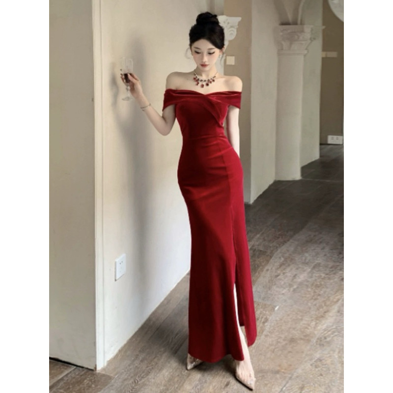 Korean Black Red Evening Cocktail Dress Ball Wedding Debut JS Ball Off  Shoulder Velvet Long Dresses Gown 003 | Shopee Philippines