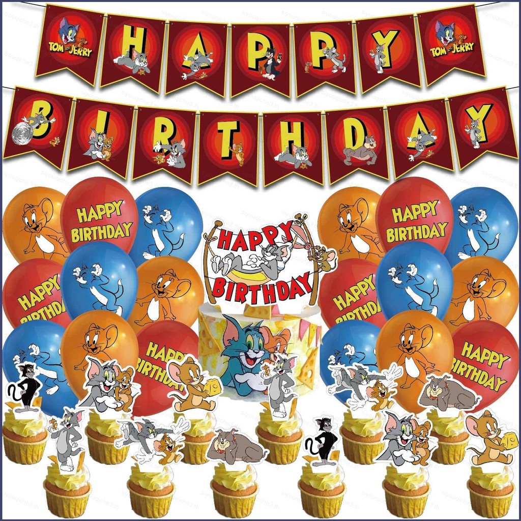 Kit Déco Fête Tom Et Jerry - Assiettes, Ballons, Banderole, Toppers Gâteau - Neuf
