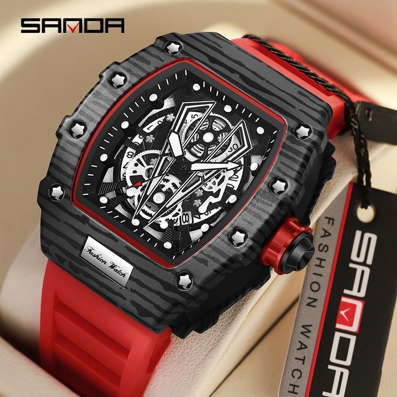 SANDA Tonneau-shaped Quartz Watch for Men Waterproof TPU Leather Strap ...