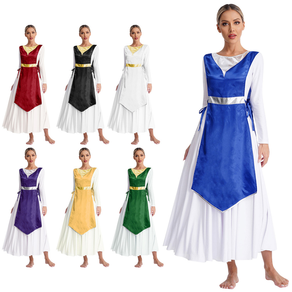 Women Church Worship Robe Choir Performance Costume Satin Lace-Up Sides ...