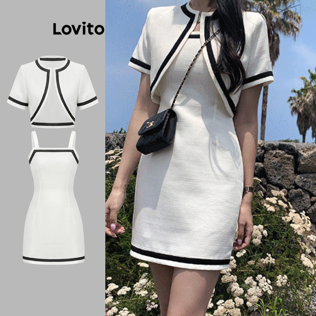Lovito Women Elegant Plain Colorblock Contrast Tape Skirt Sets L91ED190 ...