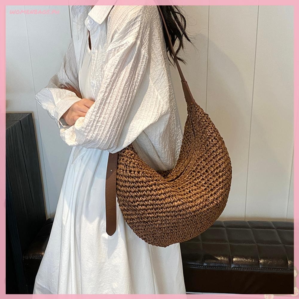 ♥ WB ♥ Women Straw Woven Half Moon Bag Fashion Woven Handbag Zipper ...