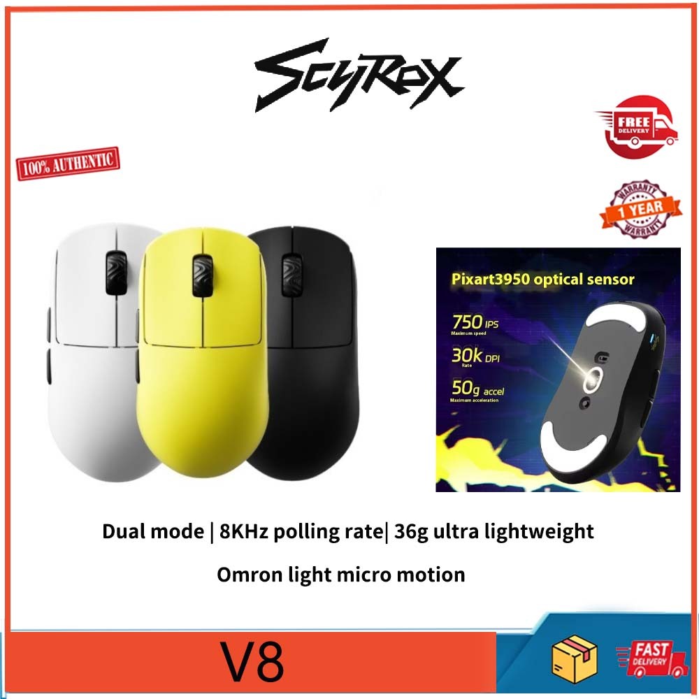 SCYROX V8 pore free ultra lightweight wireless gaming mouse, pixart 3950 sensor, 8K polling rate
