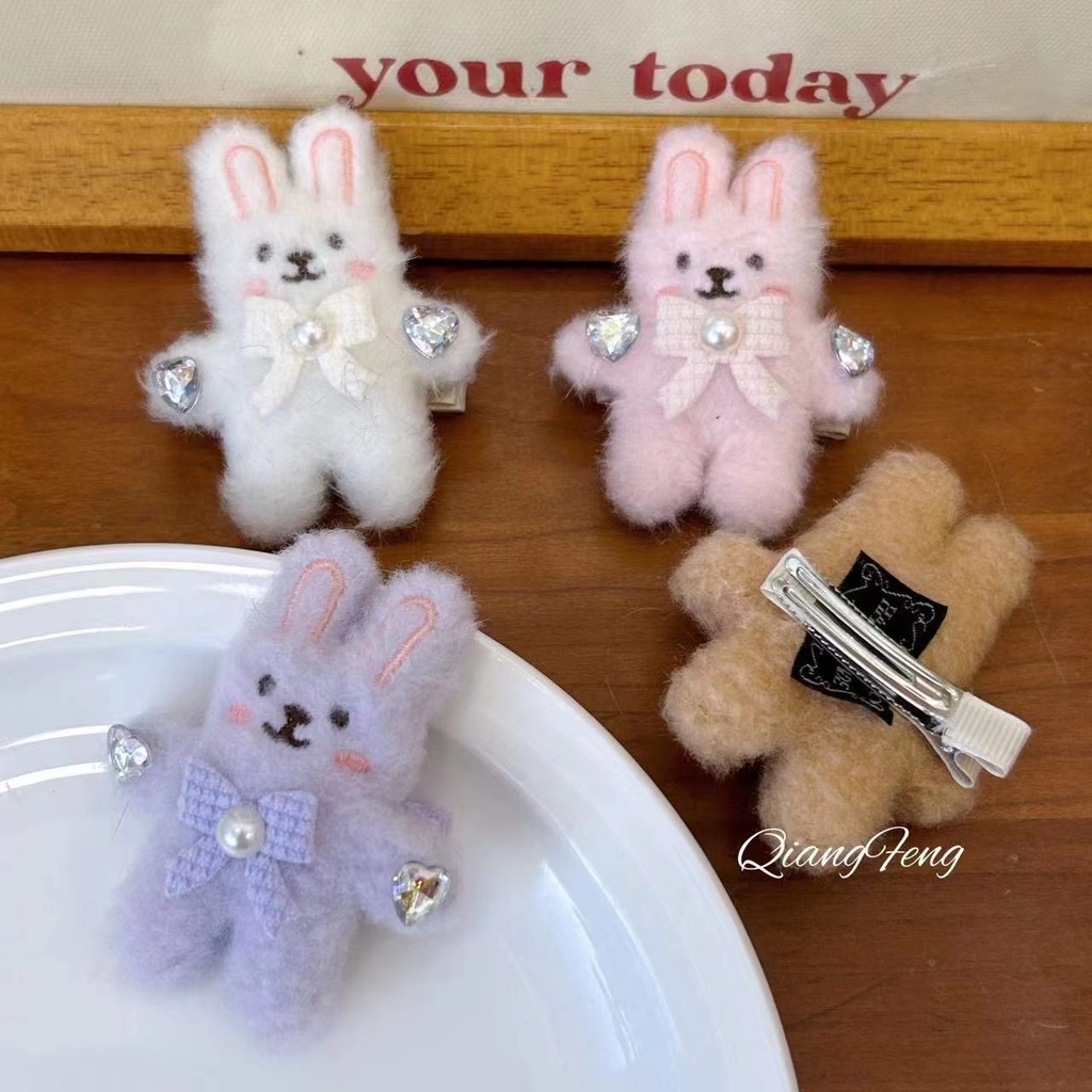 2024 Plush Rabbit Head Rope Bow Rhinestone Hair Clip | Shopee Philippines