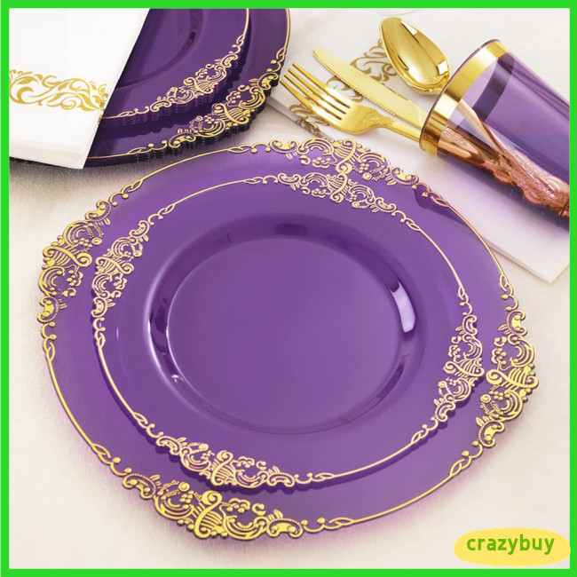 CR 25pcs Clear Plastic Plates With Gold Rim Food Grade Disposable