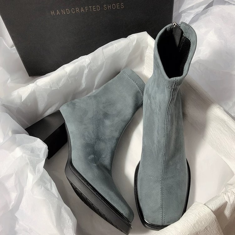 Women's boots Korean Fashion Square Toe Platform Chunky Heel Side Zip