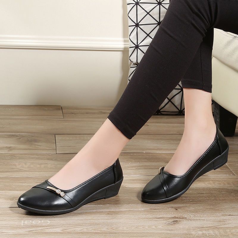 Classic 1 inch wedge heel pointed toe black leather shoes, student ...