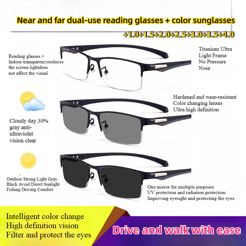 in Photochromic HD Anti-radiation Reading Glasses for Men Dual-purpose  Multi-functional Anti-blue Light Smart Metal Business Presbyopia