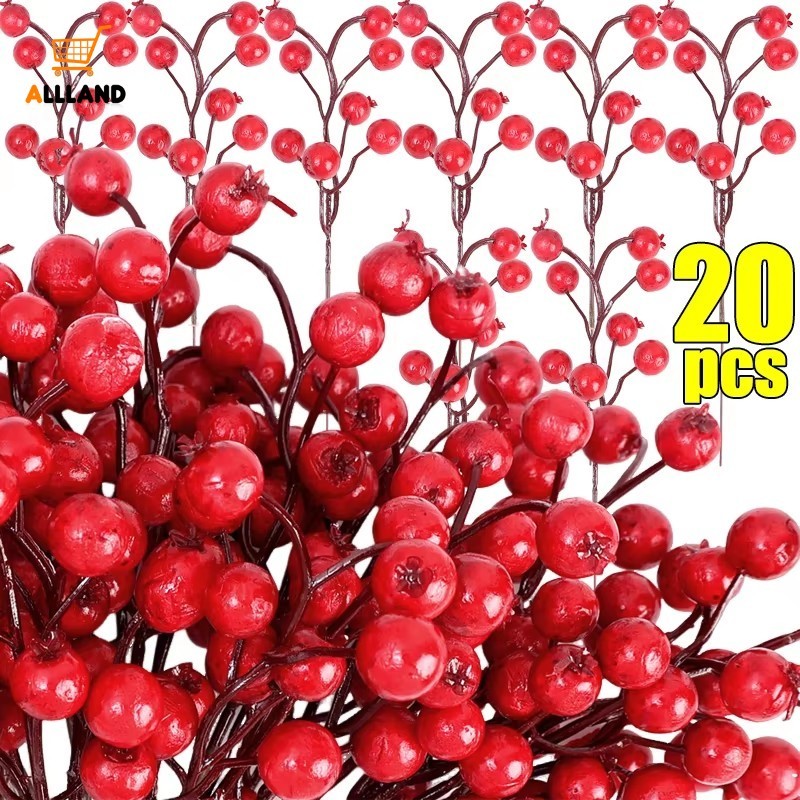20Pcs Christmas Artificial Red Berry DIY Holly Foam Berries Branches