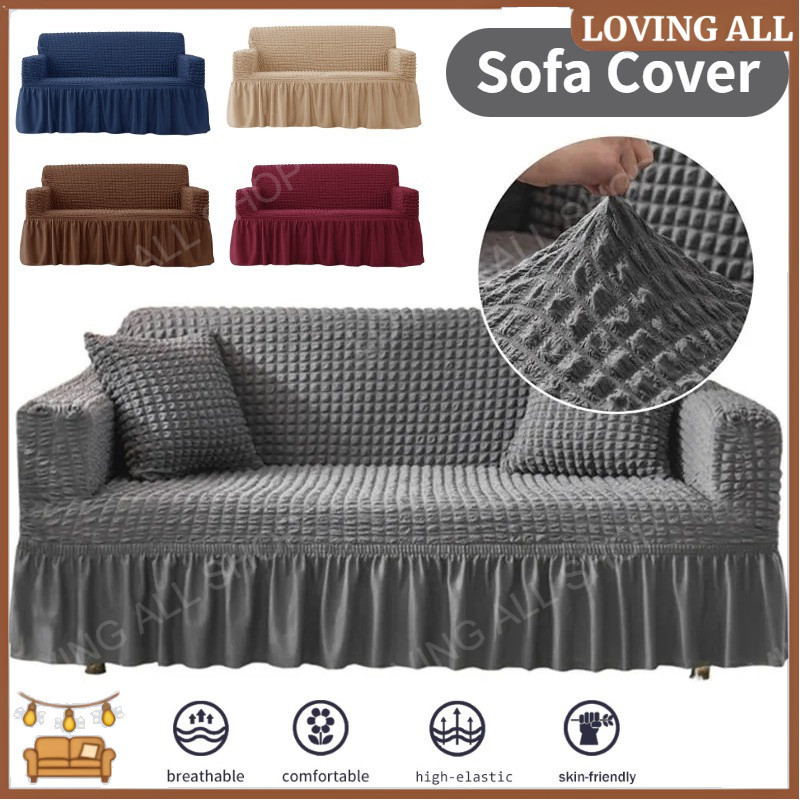 1/2/3/4 Seater Seersucker Skirt Sofa Cover Removable Anti-Slip Elastic ...