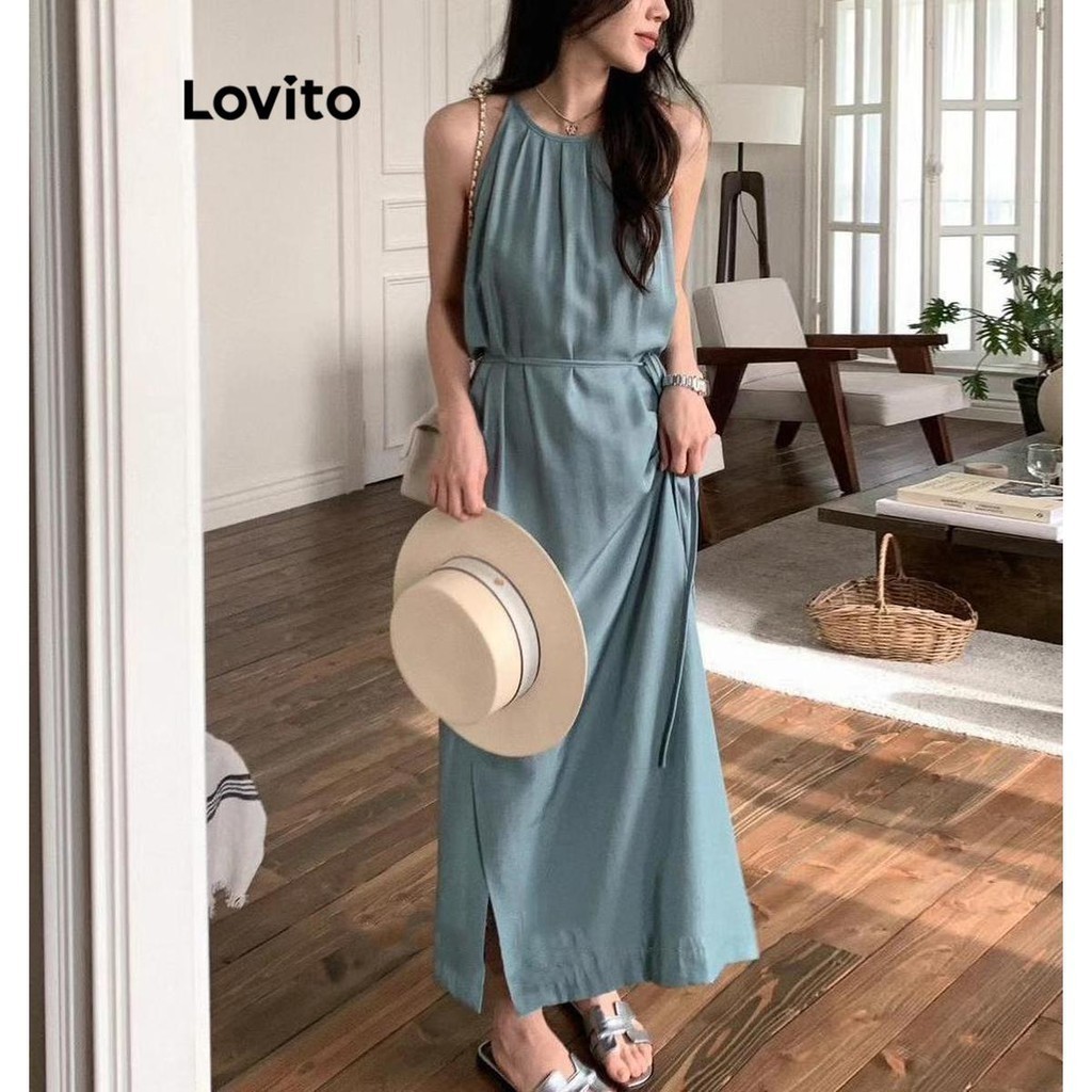 Lovito Women Casual Plain Plicated Split Dress Lne Shopee Philippines